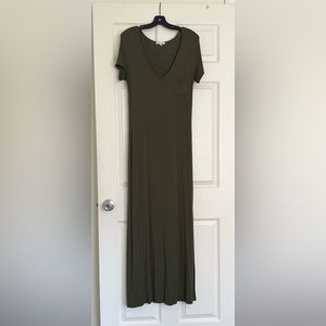 Army Green V Neck short sleeve Velvet Touch Maxi Dress